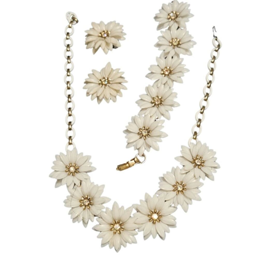 50s Necklace 3 Piece Set Coro Costume Jewelry Celluloid Flowers Aurora Borealis